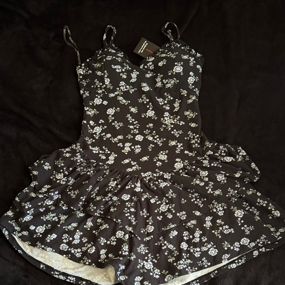 NB black with blue flowers Tiered mini dress